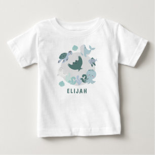 Boys Blue Under The Sea Ocean Animals WIth Name Baby T-Shirt
