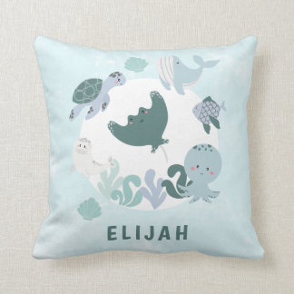 Boys Blue Under The Sea Ocean Animals WIth Name Cushion