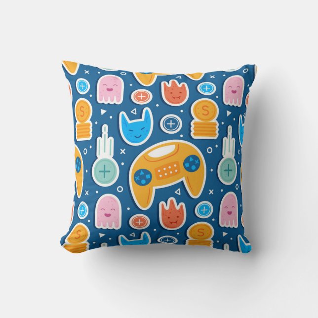 Boys Blue Video Game Seamless Pattern Cushion (Front)