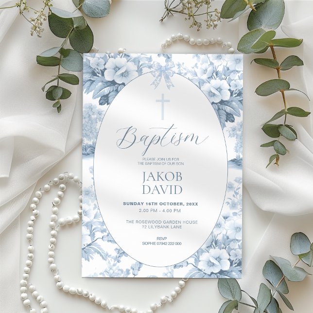 Boys Blue Vintage Floral Toile Baptism  Invitation (Creator Uploaded)