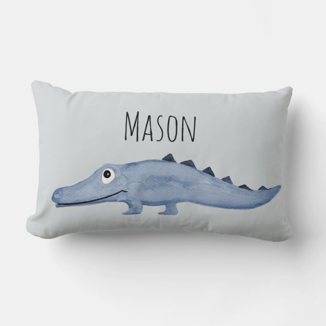 Boys Blue Watercolor Crocodile Safari Baby Nursery Lumbar Cushion (Front)