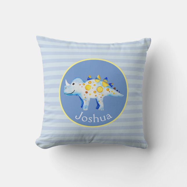 Boys Blue Watercolor Dinosaur and Name Kids Cushion (Front)