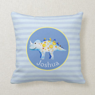 Boys Blue Watercolor Dinosaur and Name Kids Cushion