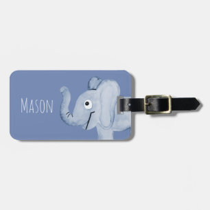 Boy's Blue Watercolor Elephant Safari & Kids Name Luggage Tag