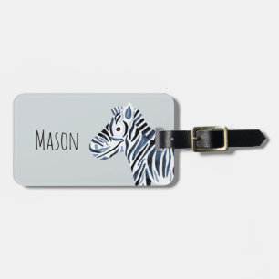 Boy's Blue Watercolor Zebra Safari and Kids Name Luggage Tag