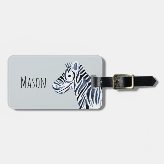 Boy's Blue Watercolor Zebra Safari and Kids Name Luggage Tag (Front Horizontal)