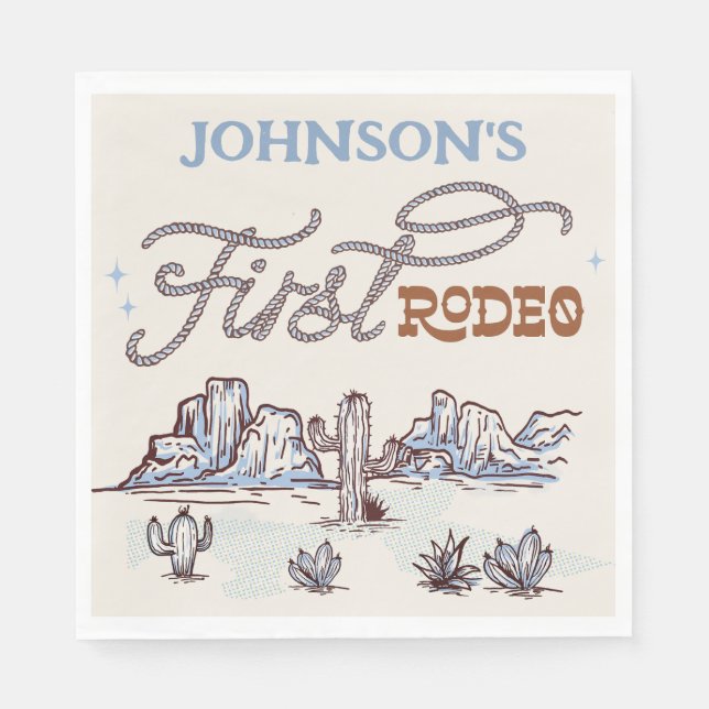 Boys Blue Western Desert First Rodeo 1st Birthday Napkin (Front)