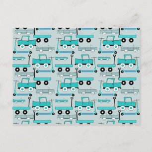 Boys Blue Wheels Retro Scooters Cars Wagons Trucks Postcard