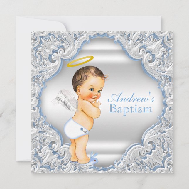 Boys Blue White Angel Boy Baby Baptism Invitation (Front)