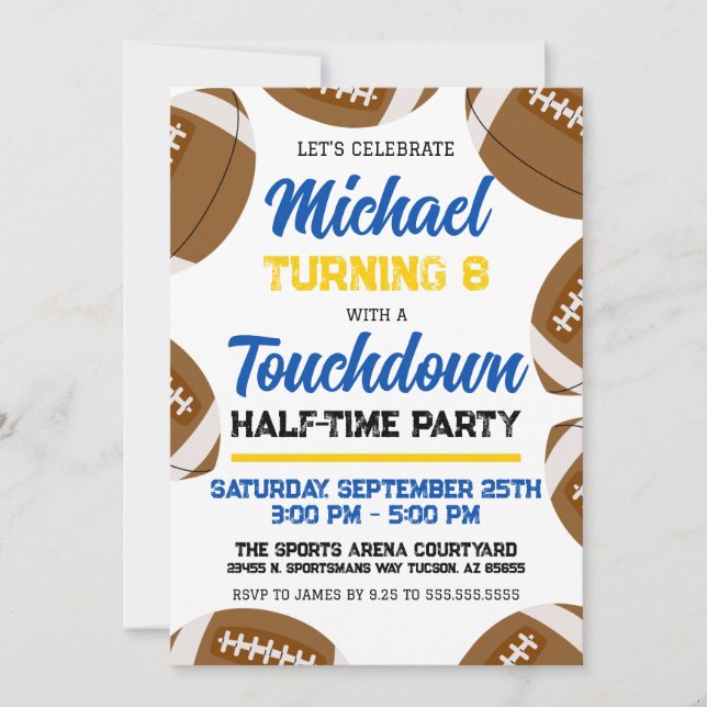 Boys Blue Yellow Football Team Birthday Party Invitation (Front)