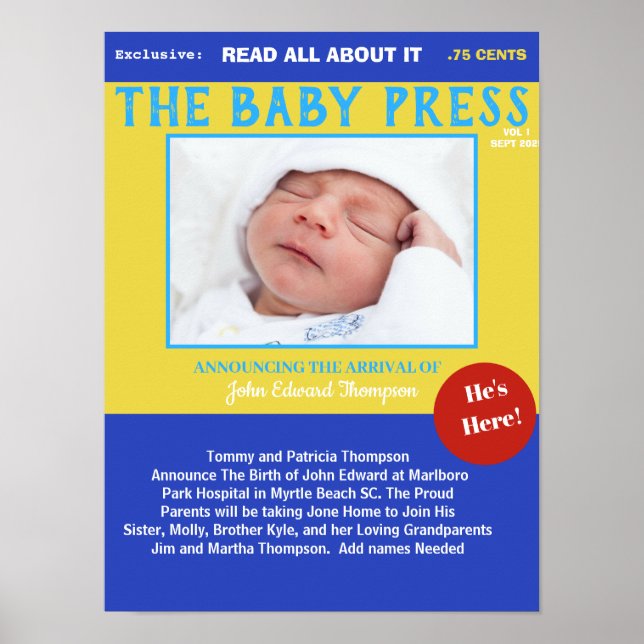 Boys Blue Yellow Keepsake Photo Birth Poster (Front)