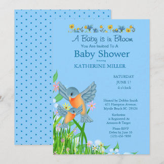 Boys Bluebirds Wildflowers Baby Shower Invitation