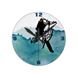 Boys BMX Bike Stunt Blue Grunge Art Round Clock