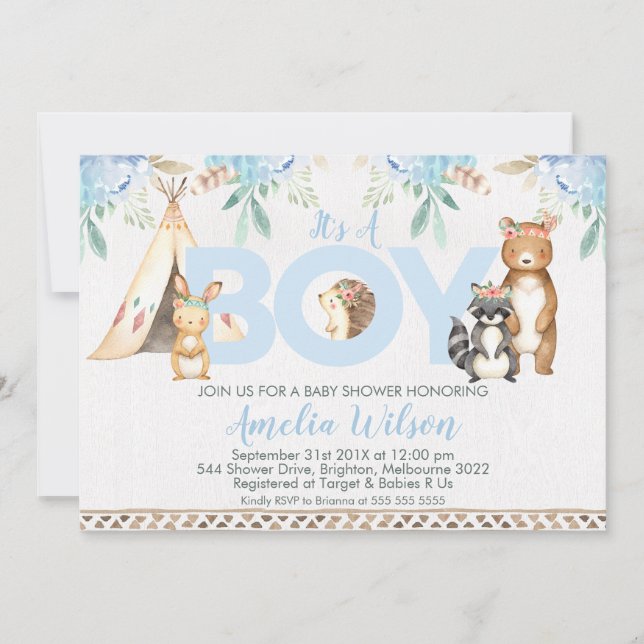 Boys Boho Woodland Baby Shower Invitation (Front)