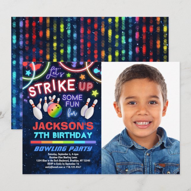 Boys Bowling Birthday Party Photo Invitation (Front/Back)