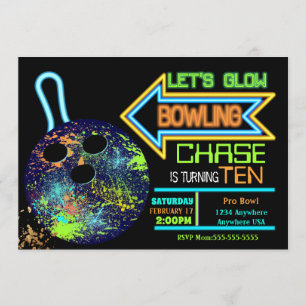 Boys Bowling party, Birthday Neon glow bowling Invitation