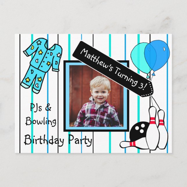 Boy's Bowling Themed Birthday Party Invitation Postcard (Front)