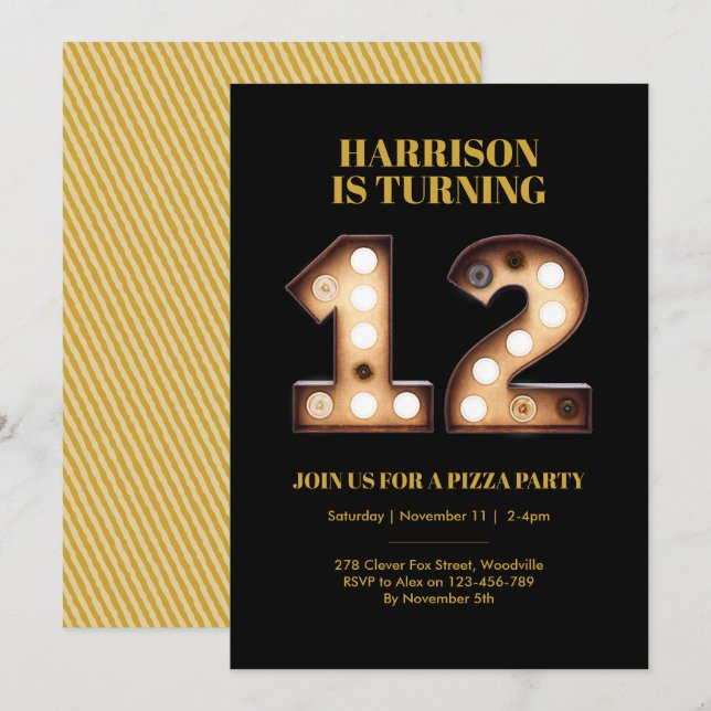 Boys Bright lights 12th birthday invitation (Front/Back)