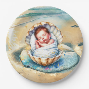 Boy's Brown and Blue Coastal Baby Shower Paper Plate