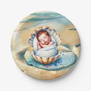 Boy's Brown and Blue Coastal Baby Shower Paper Plate