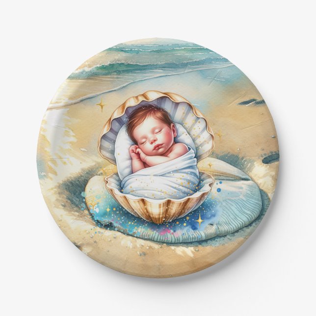 Boy's Brown and Blue Coastal Baby Shower Paper Plate (Front)
