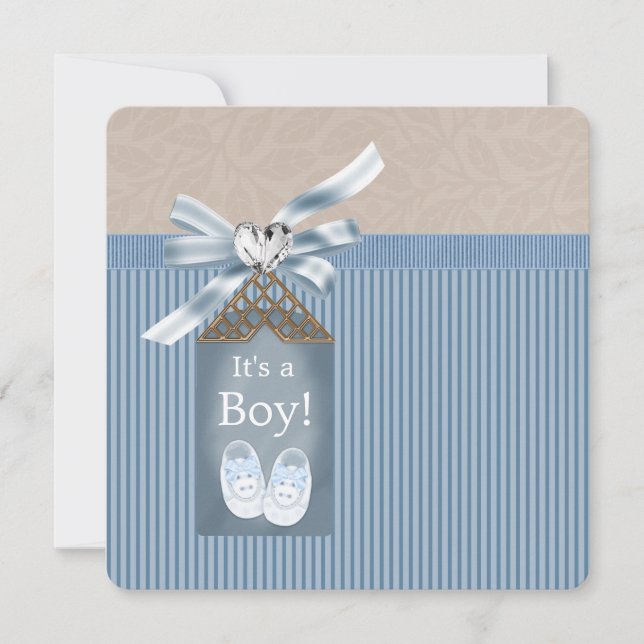 Boys Brown Blue Pinstripe Baby Shower Invitation (Front)
