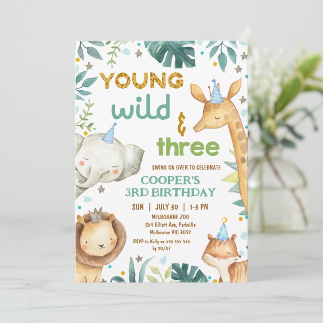 Boys Brown Cheetah Print Young Wild Three Birthday Invitation (Standing Front)