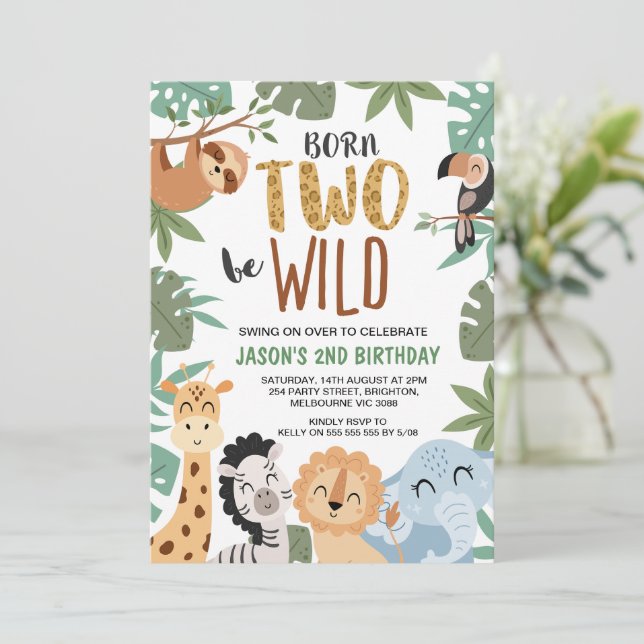 Boys Brown Green Born To Be Wild 2nd Birthday Invitation (Standing Front)