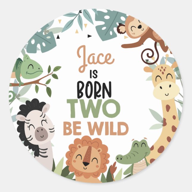 Boys Brown Green Born Two Be Wild 2nd Birthday  Classic Round Sticker (Front)