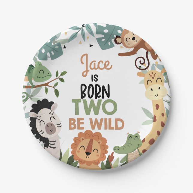 Boys Brown Green Born Two Be Wild 2nd Birthday  Paper Plate (Front)