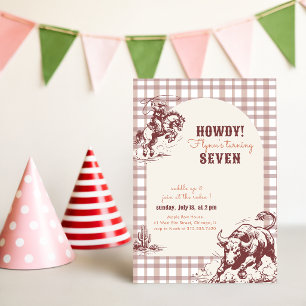 Boys Brown Plaid Cowboy Rodeo 7th Birthday Invitation