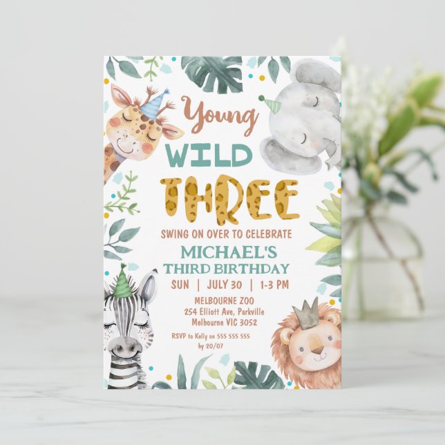 Boys Brown Safari Young Wild Three 3rd Birthday Invitation (Standing Front)