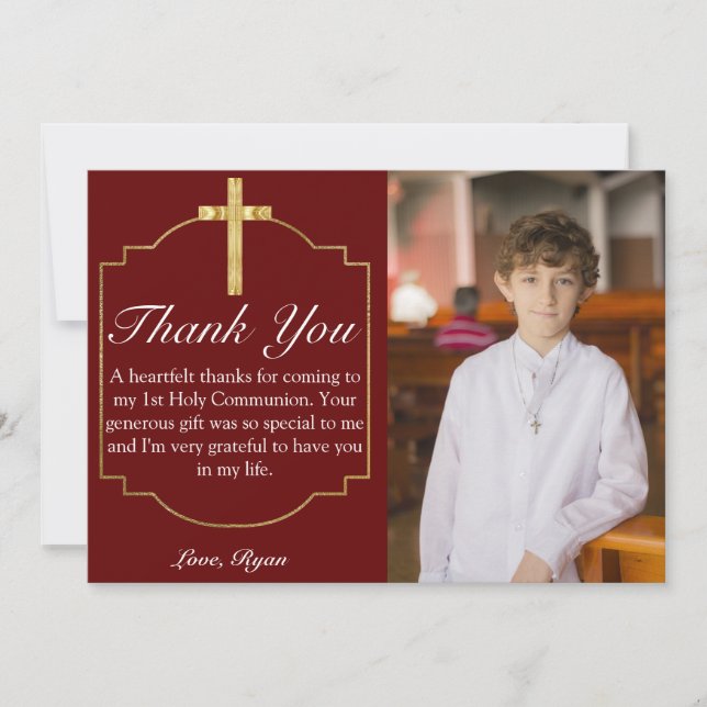 Boys Burgundy Gold Cross 1st Communion Thank You (Front)