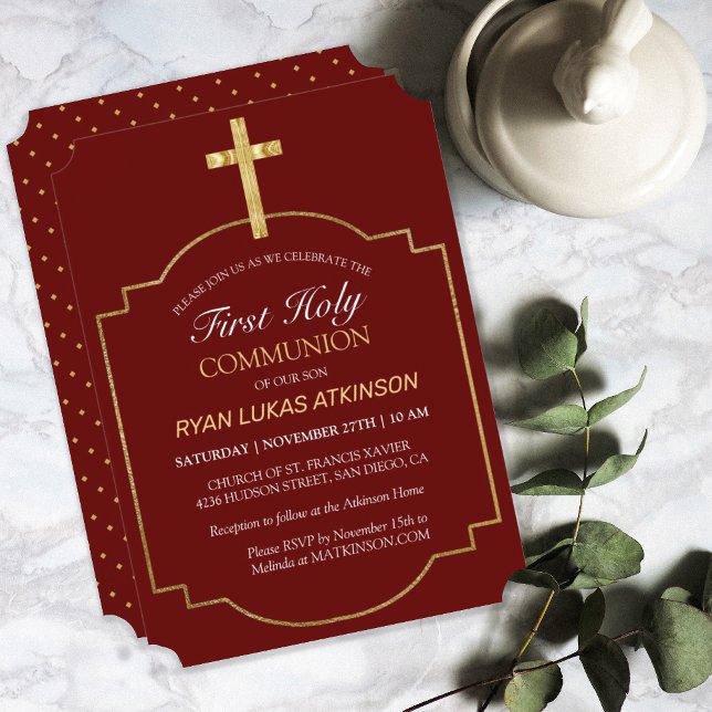 Boys Burgundy Gold Cross 1st Holy Communion Invitation (Creator Uploaded)