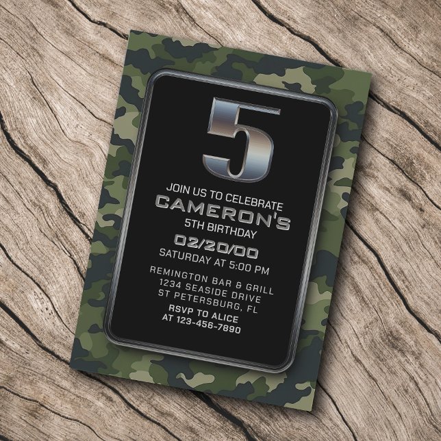 Boys Camo Hunting Army 5th Birthday Invitation (Creator Uploaded)
