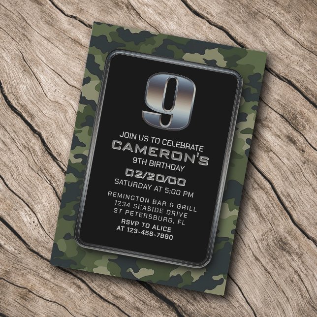 Boys Camo Hunting Army 9th Birthday Invitation (Creator Uploaded)