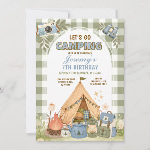 Boys Camping Birthday Blue Sage Green Adventure Invitation
