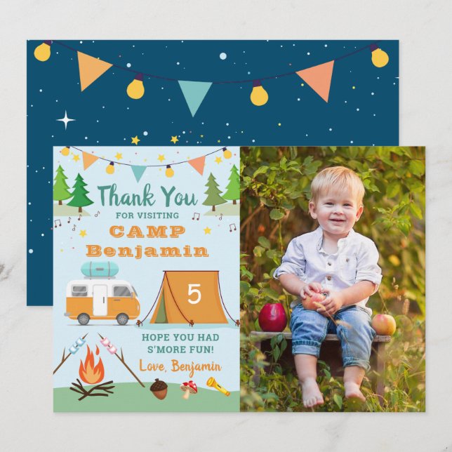 Boys Camping Birthday Camp Party Photo Thank You Card (Front/Back)