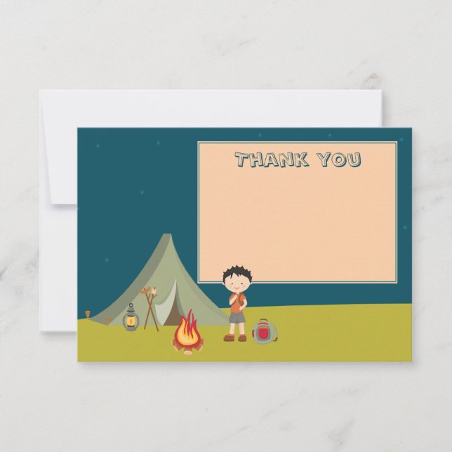 Boy's camping birthday party thank you flat cards (Front)