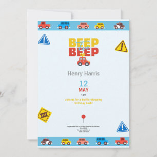 boys car traffic beep birthday card invitation