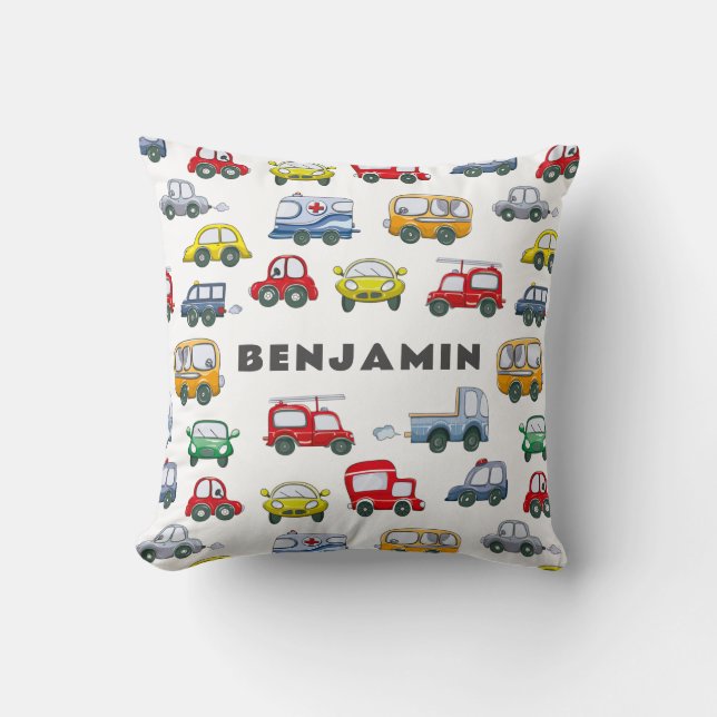 Boys Cars Cute Blue Personalised Cushion (Front)