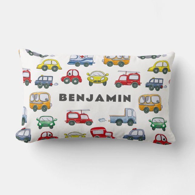 Boys Cars Cute Blue Personalised Lumbar Cushion (Front)