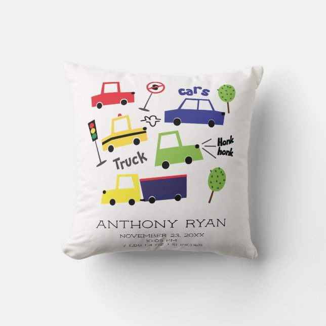 Boys Cars & Trucks Baby Birth Stats Pillow (Front)