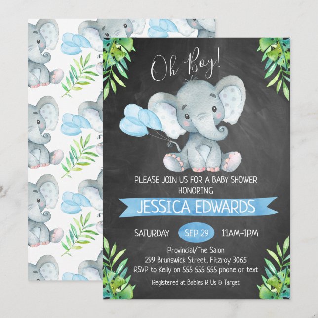 Boys Chalkboard Elephant Baby Shower Invitation (Front/Back)