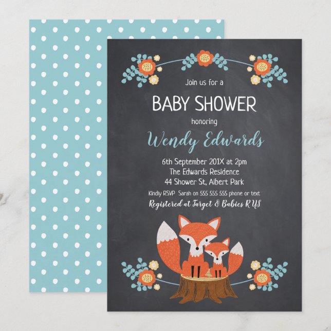 Boys Chalkboard Fox Baby Shower Invitation (Front/Back)