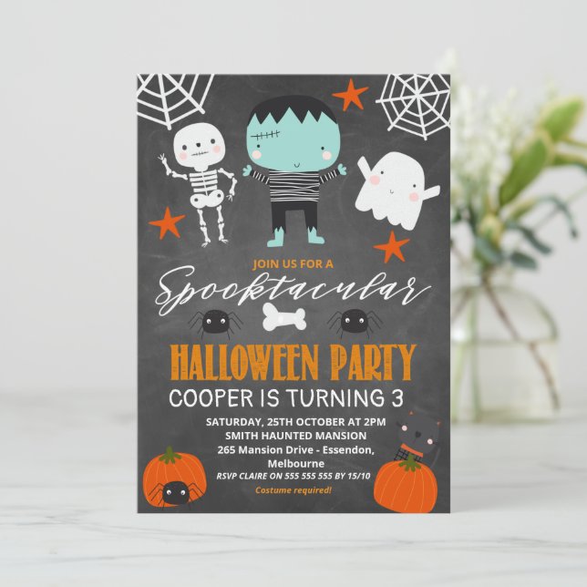 Boys Chalkboard Halloween Party Birthday Invitation (Standing Front)