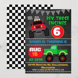 Boys chalkboard monster trucks birthday invitation