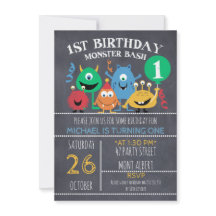 Boys Chalkboard Monsters 1st Birthday Invitation
