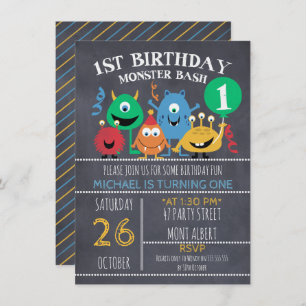 Boys Chalkboard Monsters 1st Birthday Invitation