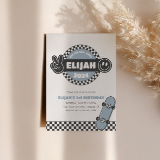 Boys' Chequered Skateboard Groovy Hippie Birthday Invitation